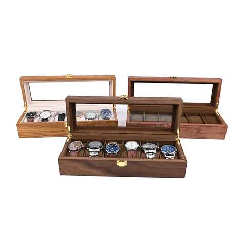 Boîte à Montres Vintage en Bois Organisateur Rétro Grain de Bois Boîtier de Présentation pour Montres Avec Fenêtre en Verre Serrure Métallique Pour Maison Bureau