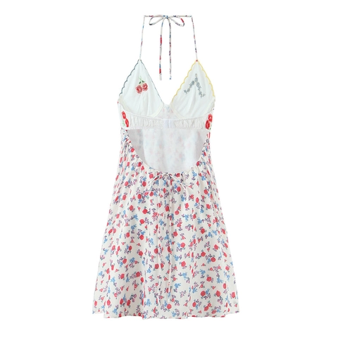 Women Mini Dress Halter Neck Floral Print Scalloped V Neck Backless Sleeveless Summer Sweet Sexy Polyester Beachwear