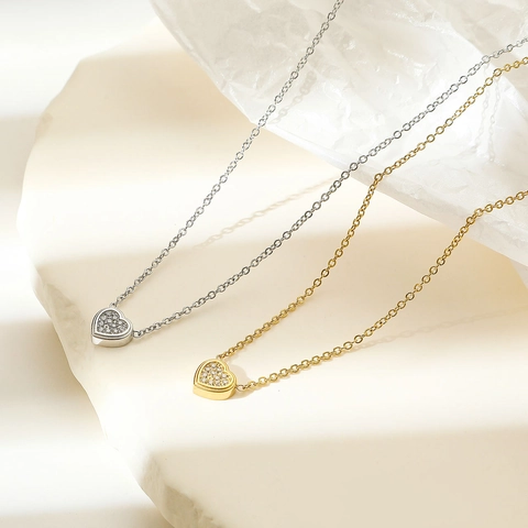 Herz Anhänger Halskette Edelstahl Pavé Zirkon Vergoldet Minimalistischer Japanischer Stil Für Frauen Elegantes Accessoire