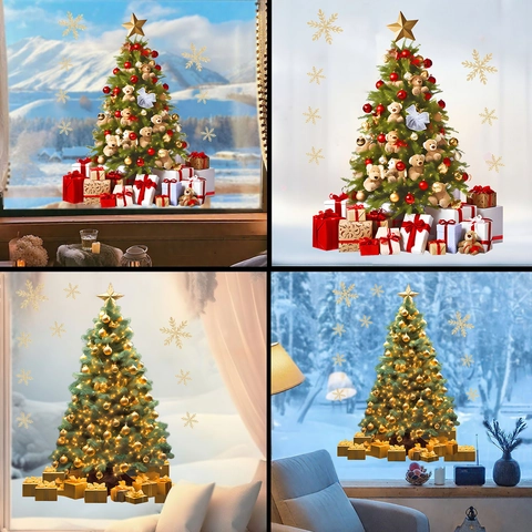 Christmas Tree Window Stickers PVC Static Cling Waterproof Snowflake Teddy Bear Gift Box Decals Holiday Home Party Decor