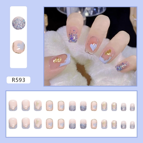 Short Square Press On Nails Cream Blue Heart Design INS Style Fake Nails With Glue For Women Sweet Manicure