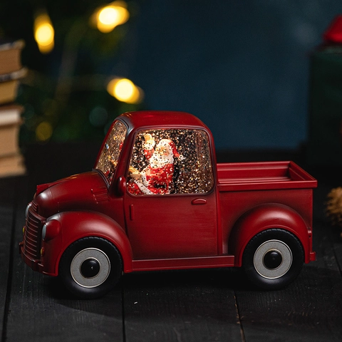 Vintage Red Truck Christmas Snow Globe Lantern Santa Claus LED Musical Water Glitter Home Holiday Tabletop Decoration
