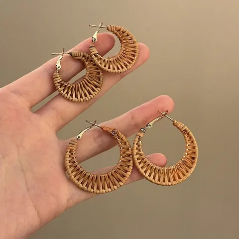 Bohemian Hand Woven Rattan Dangle Earrings With Wood Beads Resin Floral And Silver Earring Post Vintage Summer Beach Vacation Jewelry