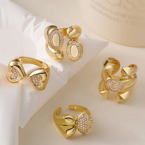 Geometric Open Ring Copper 18K Gold Plated Irregular Micro Pave Zircon Adjustable Fashion Jewelry For Women