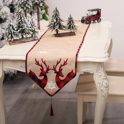 Christmas Table Runner Reindeer Snowflake Embroidery Faux Linen Buffalo Plaid Border With Tassels Holiday Home Decor