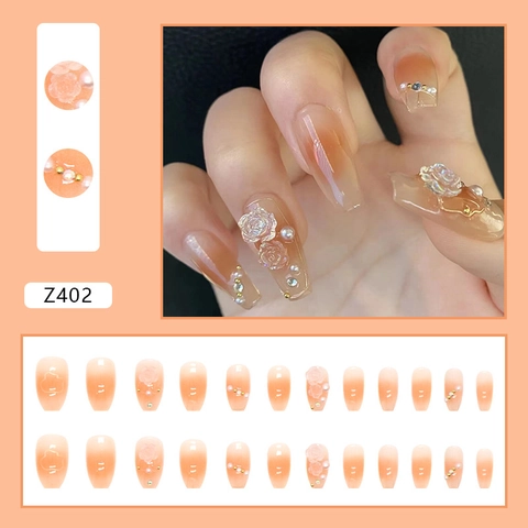 Press On Nails 3D Camellia Flower Artificial Pearl Rhinestone Gradient Blush Short Ballerina Shape Fake Nails For Women