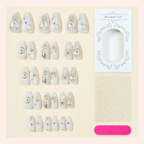 Unghie Finte Press On Stile Francese Mandorla Bianco Perla Artificial Oro Motivo Stella Luna Strass Con Adesivi Per Colla