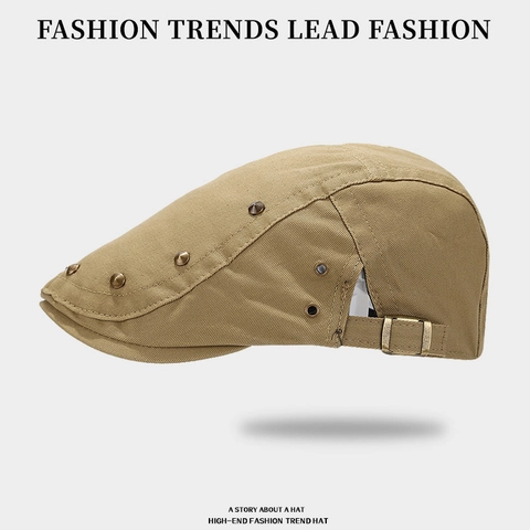 Casquette Plate Vintage Polyester Rivet Réglable Protection Solaire Rétro Béret Chapeau Pour Hommes Femmes