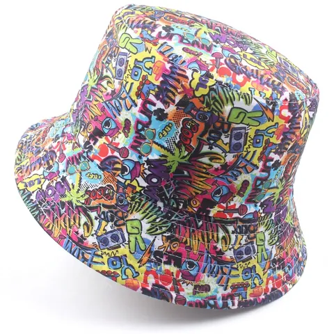Chapeau Bob Coton Polyester Réversible Protection Solaire Streetwear Graffiti Imprimé Floral Unisexe