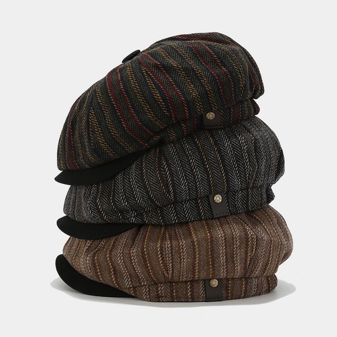 Newsboy Mütze Vintage Britischer Stil Fischgrätenmuster Gestreift Wollmischung Achteckiger Hut Mit Baumwollfutter