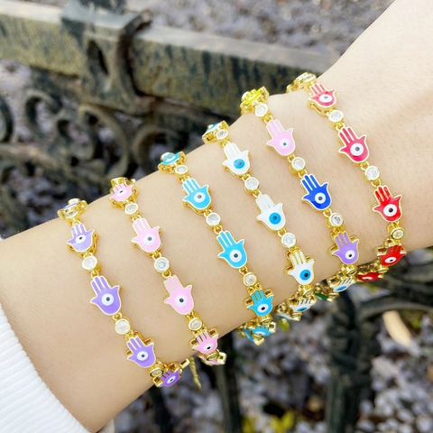Hamsa Hand Evil Eye Bracelet Gold Plated Copper Colorful Enamel Zircon Bohemian Adjustable Link Chain For Women