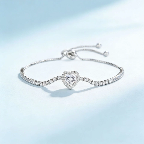 Pulsera Tennis Corazón de Plata de Ley 925 para Mujer Diamante de Imitación Brillante Incrustado Pulsera Deslizante Ajustable Joyería Lujo