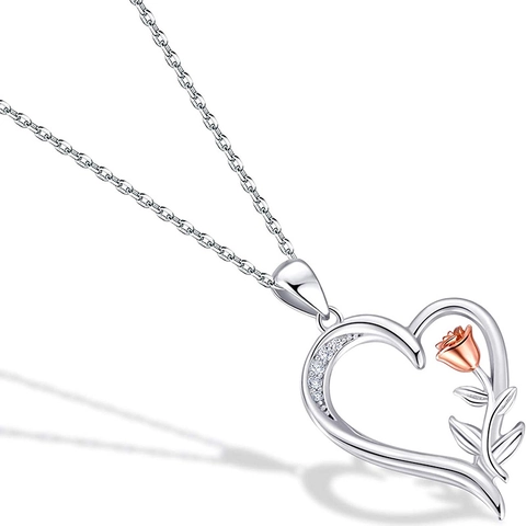 925 Sterling Silver Heart Rose Pendant Necklace For Women Two-tone Gold Plated Rhinestone Flower Charm Necklace Elegant Jewelry Gift