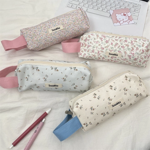 Pencil Case Large Capacity Floral Print Polyester Canvas Woven Texture Portable Handle Stationery Organizer For Students