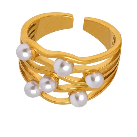 Anello Vintage Francese Multistrato Ondulato In Acciaio Al Titanio Elegante Perla Artificial Imitazione Incrociata Aperta Regolabile Donna