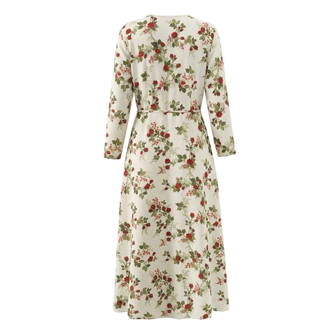 Floral Print Maxi Kleid Polyester Langarm Wickel V Ausschnitt Französischer Vintage Retro Pastell Stil Für Frauen