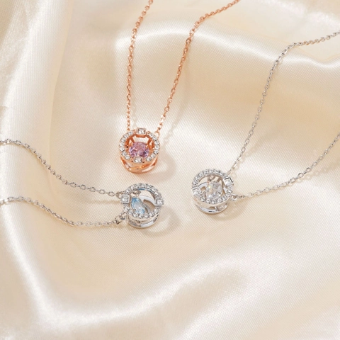 Dansend Hart Hanger Ketting Koper Cubic Zirconia Ronde Dubbele Ring Zwevende Steen Mode Sieraden Voor Dames