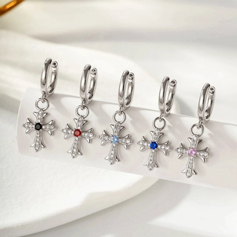 Vintage Kreuz Anhänger Creolen Kupfer Mikro Eingelegt Bunte Zirkon Gothic Punk Schmuck Für Männer Frauen