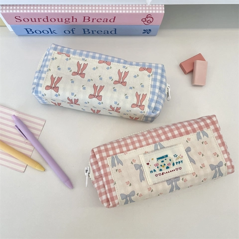 Grote Capaciteit Gingham Geruite Pennenzak Polyester Stof Briefpapier Tas Met Strik Voor Studenten Meisjes School