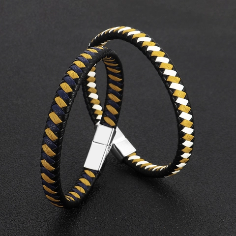 Bracciale In Vera Pelle Intrecciata Da Uomo Minimalista Multifilo Trendy Geometrico Polsino Con Chiusura Magnetica In Acciaio Inossidabile