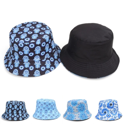 Bucket Hat Διπλής Όψεως Πολυεστέρα Βαμβάκι Evil Eye Hamsa Hand Εκτύπωση Αντιηλιακή Προστασία Ethnic Καλοκαιρινό Καπέλο