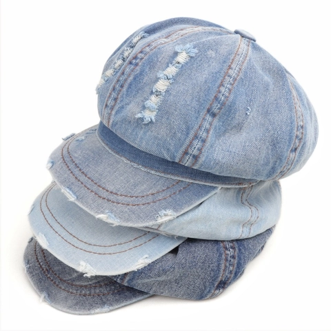 Women Distressed Washed Denim Newsboy Cap Retro Solid Color Ripped Octagonal Painter Hat For Casual Fashion