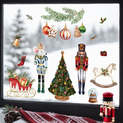 Christmas Window Stickers Watercolor Nutcracker Soldier Snowman Static Clings PVC Holiday Glass Home Decor