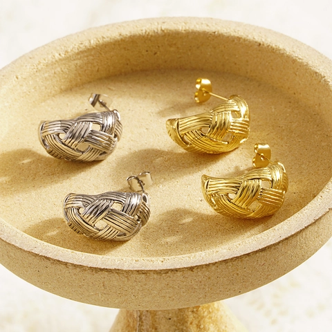 Orecchini a Bottone in Acciaio Inossidabile a Forma di Goccia Intrecciata per Donna a Mezzaluna Oro Argento Gioielli
