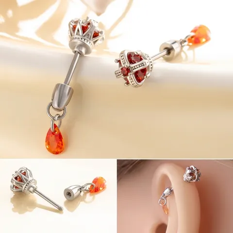 Crown Cartilage Stud Earring Titanium Steel Screw Back Red Zircon Dangle Ear Bone Barbell Personalized Jewelry For Women