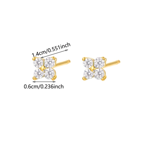 Elegant Brass Flower Stud Earrings With AAA Cubic Zirconia For Women Small Four Petal Clover Gold Silver Plated Jewelry
