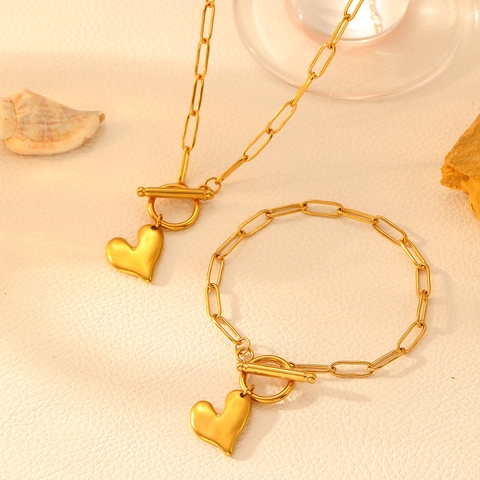 Heart Pendant Necklace And Bracelet Jewelry Stainless Steel 18K Gold Plated Toggle Clasp Paperclip Link Chain For Women