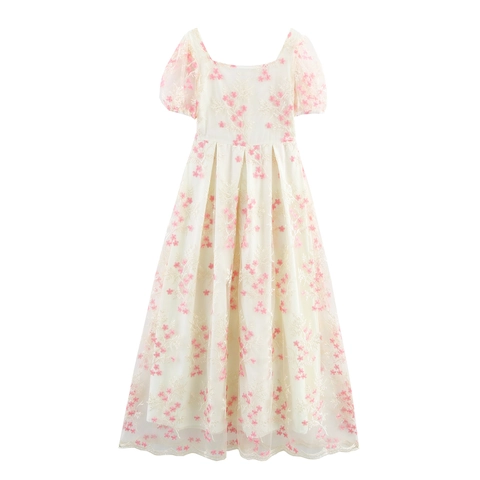 Vestido Largo De Malla Con Bordado Floral Rosa Elegante Cuello Cuadrado Mangas Abullonadas Cintura Alta Retro Princesa Tul