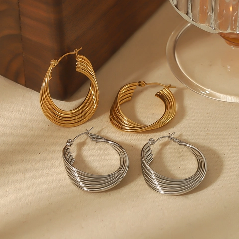 Multi Layer Gedrehte Creolen 18K Vergoldeter Edelstahl Geometrisch Hypoallergen Mode Für Frauen
