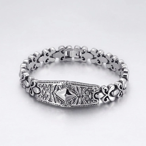 Men Retro Stainless Steel Bracelet Carved Fleur De Lis Rhombus Centerpiece Gothic Punk Biker Jewelry