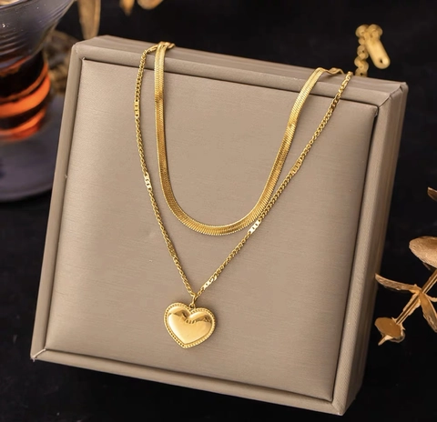 Stainless Steel Double Layer Necklace With Heart Pendant Love You Engraved Snake Chain For Women Minimalist Jewelry
