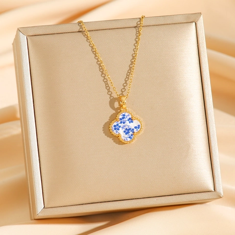 Four Leaf Clover Pendant Necklace Titanium Steel Blue Floral Porcelain Pattern Elegant Jewelry For Women