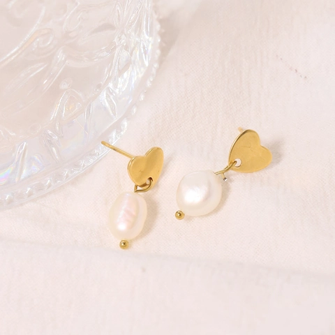 Boucles D'oreilles Pendantes En Acier Titane Cœur Künstliche Perle De Culture Baroque Dorée Pour Femmes Bijoux Minimalistes