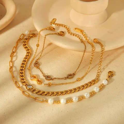 18K Vergoldetes Edelstahl Armband Für Damen Mit Unendlichkeitssymbol Panzerkette Kunstperle Zirkonia Schmuck