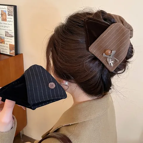Molletta Per Capelli A Triangolo Vintage Con Tessuto A Righe Fiocco Di Velluto E Ciondolo A Croce In Strass Retro Per Donna