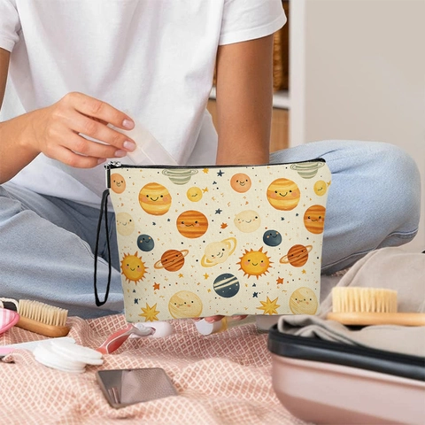 Cartoon Solar System Planet Print Linen Makeup Bag Travel Toiletry Pouch Organizer With Zipper And Wrist Strap