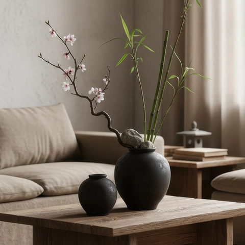 Matte Black Ceramic Vase Retro Rusty Grainy Texture Zen Wabi Sabi Style Tabletop Flower Pot Home Decor Centerpiece