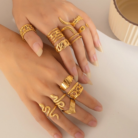 Anillo Abierto Ajustable De Acero Inoxidable Chapado En Oro Mujer Vintage Geométrico Serpiente Cadena Joyería Minimalista