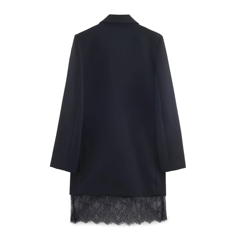 Women Blazer Dress Lace Stitching Long Sleeve V Neck Elegant Business Party Formal Solid Black Midi Dress