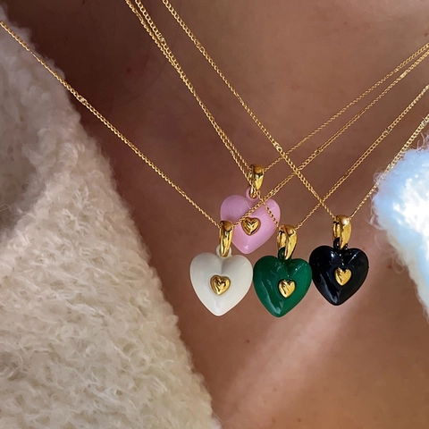 French Vintage Heart Pendant Necklace Alloy Enamel Colorful Sweet Dainty Clavicle Chain For Women