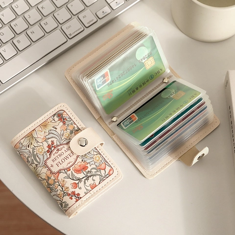 Women Retro Floral Print Card Holder Wallet PU Leather Multi Slot Accordion Style Organizer With Snap Button