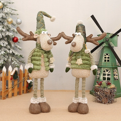 Christmas Reindeer Doll Plush Ornament Retractable Legs Standing Elk Toy Figurines Holiday Home Decor Green