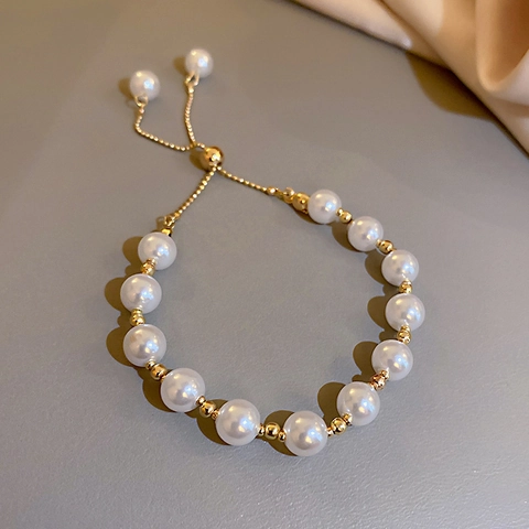 Vintage Elegant Artificial Pearl Bracelet For Women With Adjustable Pull-Out Chain Alloy Metal Beads Geometric Versatile Jewelry