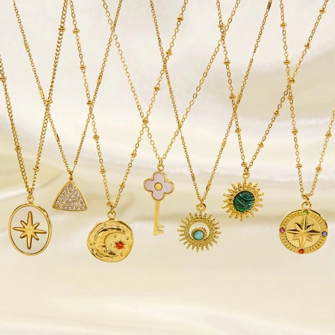 Roestvrij Stalen Hanger Ketting Natuursteen Witte Schelp Zirkoon Zon Maan Kompas Sleutel Bedel Kralen Ketting Vintage Dames