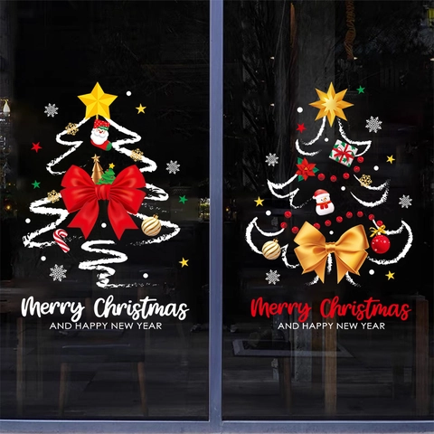 Christmas Window Stickers Static PVC Cling Decals Reusable Double Sided Color Christmas Tree Snowflakes Bow Decor