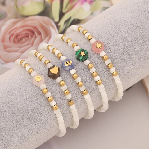 Pulsera De Cuentas Bohemia Acero Inoxidable Perla Artificial De Concha Piedra Natural Hexágono Corazón Estrella Motivo Joyas Moda Para Mujer